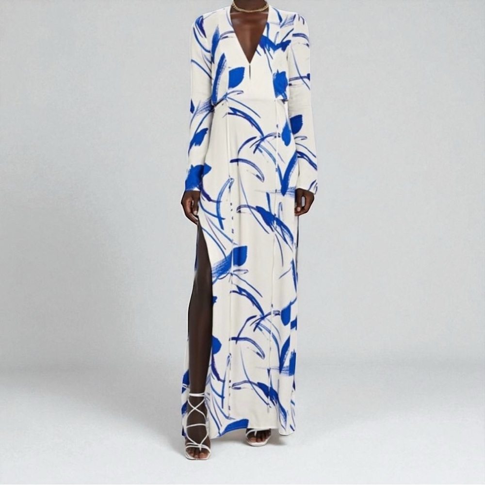 Galvan London Blue & White Silk Maxi Dress with Slit Size 4 NWOT